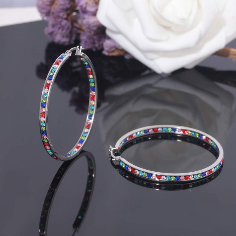 CiNily Mult-colors Crystal Stainless Steel Hoop Earring for Women Hypoallergenic Jewelry for Sensitive Ears Large Big Hoop Earrings 2" - Image 5